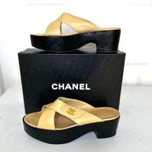 CHANEL Women's Gold and Black Platform Mules